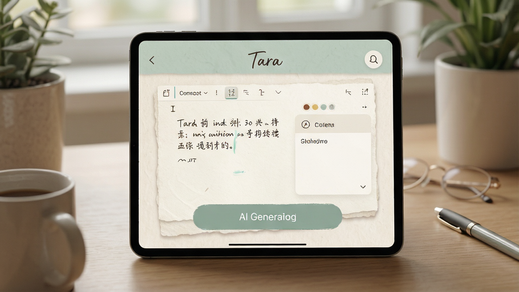 展示“Tara”应用中的创意写作功能界面,画面中有文本编辑区域与AI生成按钮,布局为上下结构,风格柔和文艺,细节包含纸张纹理与淡雅配色,画质细腻,干净,无多余元素