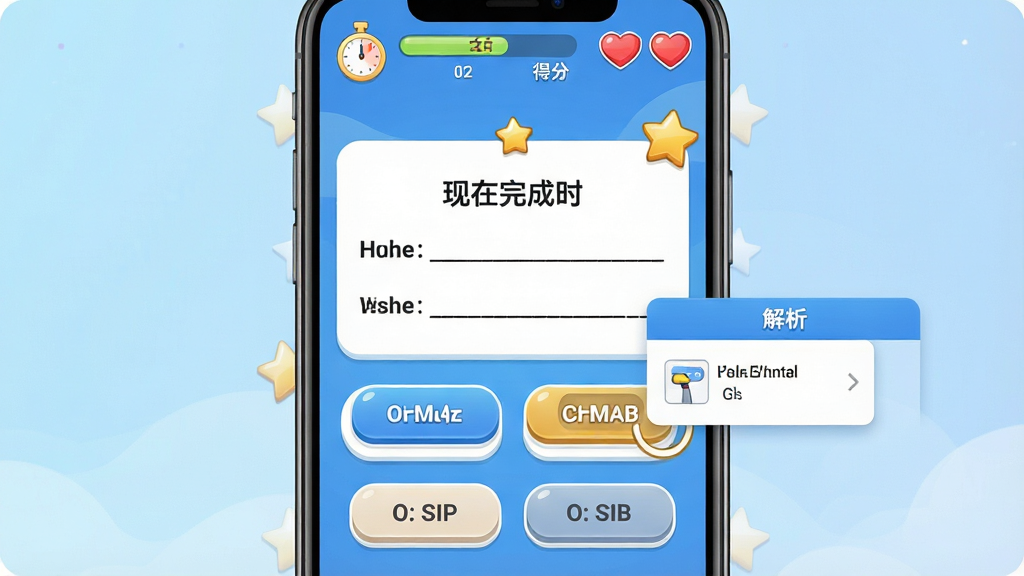 英语王语法闯关练习界面展示,主体为手机屏幕上的语法选择题界面,题目为“现在完成时”相关填空,下方有四个选项按钮,屏幕上方有倒计时和生命值心形图标,背景为淡蓝色渐变,布局为上下结构顶部为关卡进度和得分,中部为题目区域,底部为选项按钮,风格为轻游戏化教育UI,配色以蓝白为主点缀金黄色星星,细节包含圆角按钮、选中高亮效果、解析弹窗示意,画质高清干净无多余元素,画面中包含“英语王”文字标识