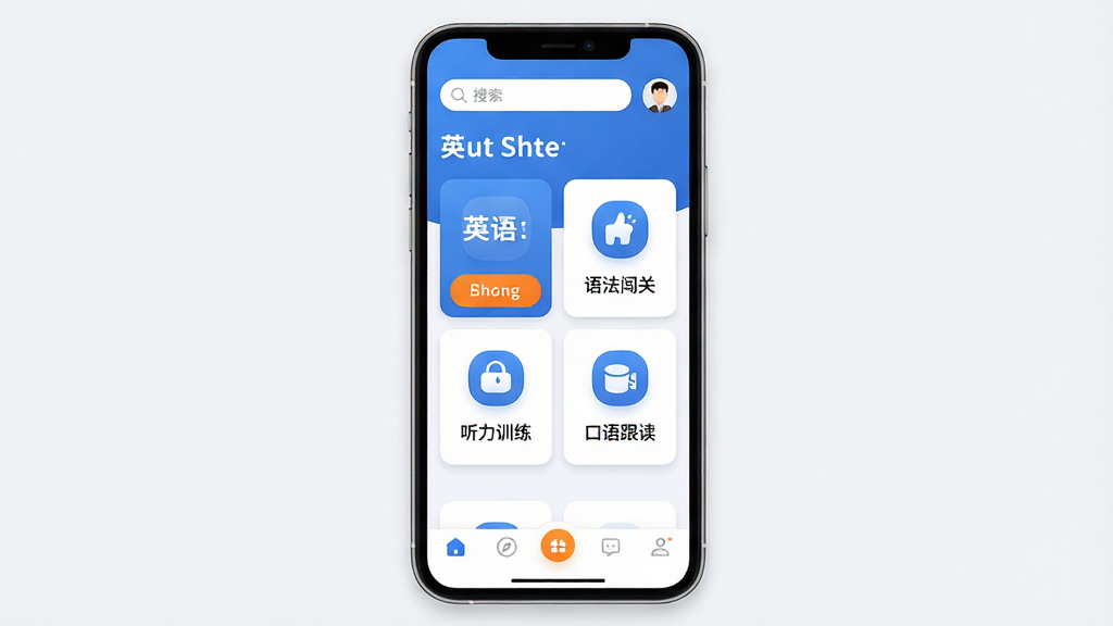 英语王英语学习软件主界面全貌展示,主体为一部智能手机竖屏画面,屏幕中央显示“英语王”软件首页,包含单词卡片、语法闯关、听力训练、口语跟读四大功能入口图标,布局采用上下结构顶部为搜索栏和用户头像,中部为功能模块网格排列,底部为导航栏,排版清晰整洁,风格为现代简约教育类UI设计,配色以蓝白为主点缀橙色强调按钮,细节包含圆角图标、柔和阴影、清晰文字标签,画质高清干净无多余元素,整体呈现专业学习工具的氛围