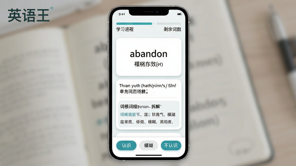 英语王智能单词记忆系统界面展示,主体为手机屏幕上的单词学习卡片,卡片中央显示英文单词“abandon”及音标和中文释义,下方有例句和词根词缀拆解,布局为纵向卡片式排列,顶部有学习进度条和剩余词数,底部有“认识”“模糊”“不认识”三个操作按钮,风格为清新浅色教育风,配色以白色背景搭配蓝绿色按钮,细节包含圆角卡片、柔和投影、清晰字体,画质高清干净无多余元素,画面中文字包含“英语王”品牌标识