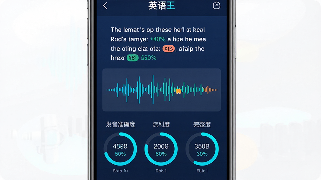 英语王听力口语训练界面展示,主体为手机屏幕上的口语跟读评分界面,画面中央显示一段英文对话文本和用户录音波形图,下方有发音准确度、流利度、完整度三个评分环形图,布局为纵向排列,风格为科技感教育UI,配色以深蓝背景搭配亮青色和白色文字,细节包含声波可视化、评分百分比数字、颜色标注发音偏差音节,画质高清干净无多余元素,画面中包含“英语王”品牌名称