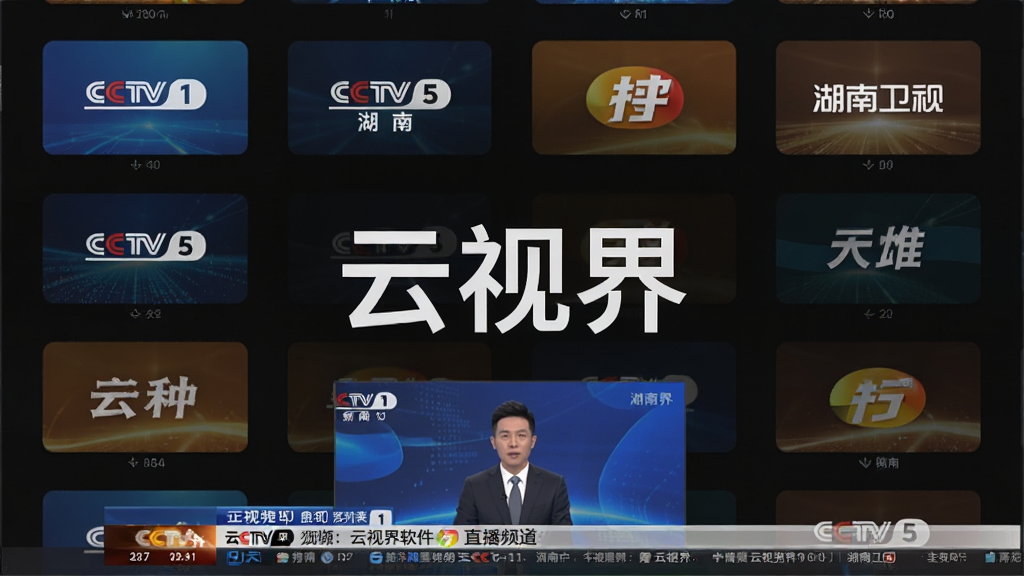 一张云视界软件直播频道列表的预览图,画面中央是“云视界”软件名称,屏幕上显示CCTV-1、CCTV-5、湖南卫视等频道图标,底部有正在播放的新闻画面,整体风格为暗色模式,高清晰度,画面干净无多余元素