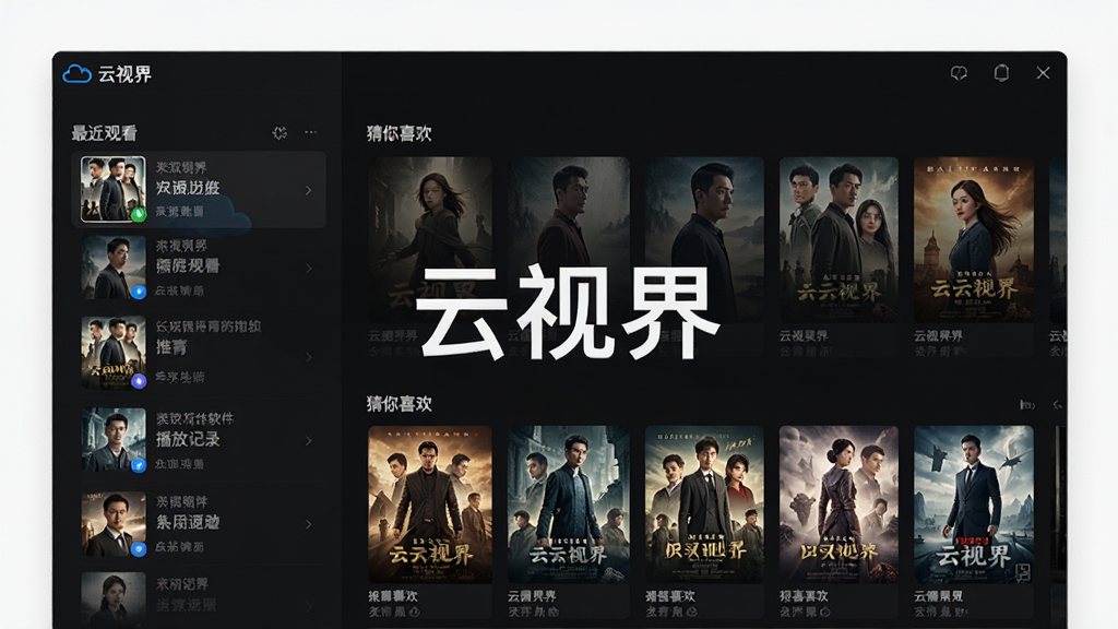 一张云视界软件播放记录与推荐界面的预览图,画面中央是“云视界”软件名称,界面显示“最近观看”列表和“猜你喜欢”推荐栏,包含多张电影海报,风格为深色主题,高清晰度,画面干净无多余元素