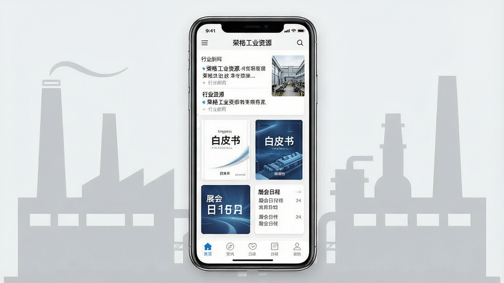 一张展示工业资讯类手机应用界面的预览图,画面中央放置一部智能手机,屏幕内显示“荣格工业资源”应用首页,包含行业新闻列表、白皮书封面、展会日程卡片等模块,背景为浅灰色工业风厂房轮廓,整体布局简洁清晰,风格现代商务,细节上突出卡片式信息流与底部导航栏,画质干净锐利,无多余装饰元素
