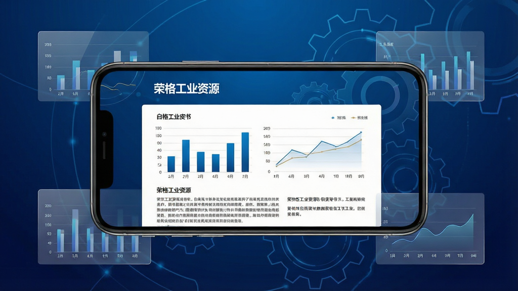 一幅工业白皮书与数据报告在手机屏幕上展示的场景图,画面主体为一部横向放置的手机,屏幕中显示“荣格工业资源”白皮书阅读界面,包含柱状图、折线图和文字摘要,背景为深蓝色渐变与抽象齿轮线条,布局上手机居中,四周点缀半透明的数据图表元素,风格科技感与商务感结合,细节清晰,画质干净,无杂乱元素