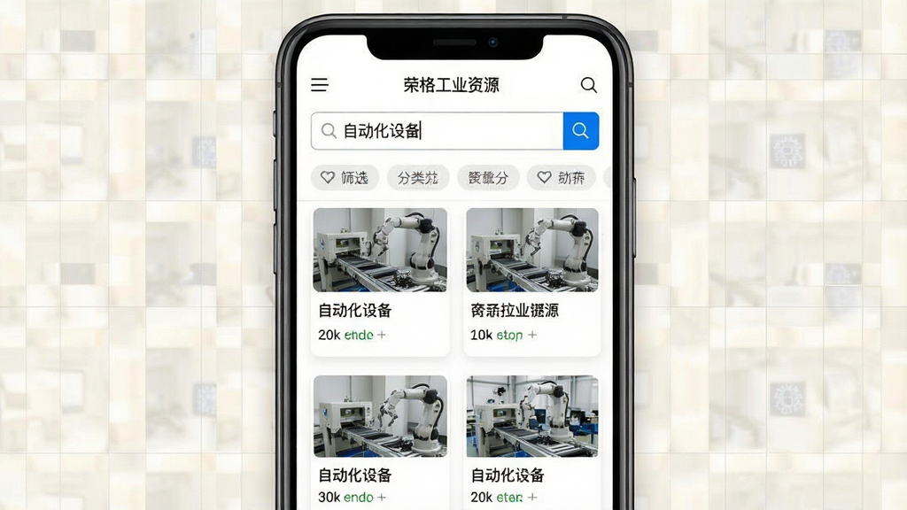 一张表现工业资源搜索与筛选功能的手机应用截图预览,画面中手机屏幕显示“荣格工业资源”搜索界面,搜索框内输入“自动化设备”,下方列出多条结果卡片,每张卡片带有缩略图与标题,背景为浅色网格纹理,整体排版整齐,风格简洁实用,细节上突出筛选按钮与分类标签,画质清晰明亮,无多余元素