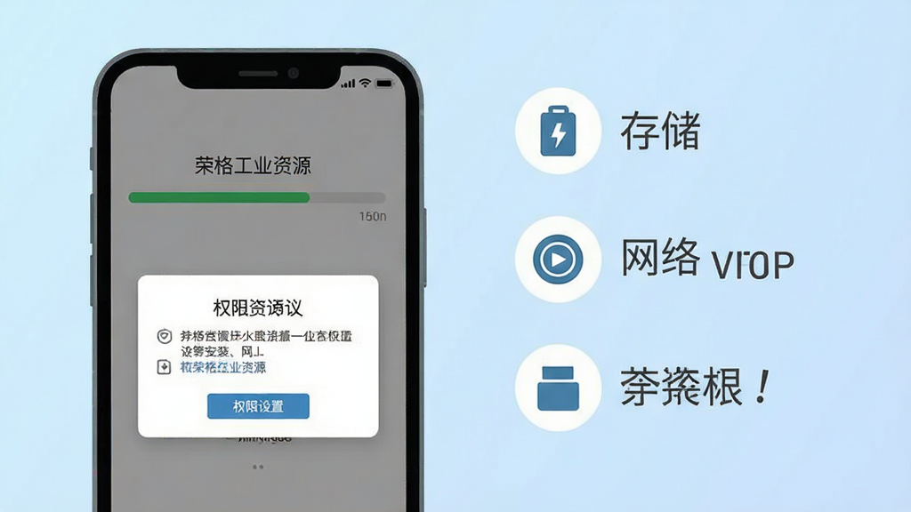 一张展示手机应用安装与权限设置界面的示意图,画面中手机屏幕显示“荣格工业资源”安装进度条与权限请求弹窗,背景为浅蓝色渐变,布局上手机居中偏左,右侧以图标形式列出存储、网络等权限说明,风格扁平化设计,细节清晰,画质干净,无多余装饰