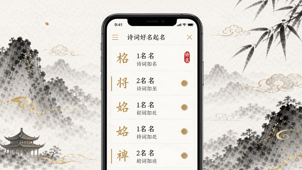 宝宝好名通软件界面展示,主体为手机屏幕中呈现诗词起名列表,布局为居中展示手机模型,排版清晰展示名字与出处,风格为国风雅致,细节包括水墨背景与金色文字点缀,画质高清干净无多余元素