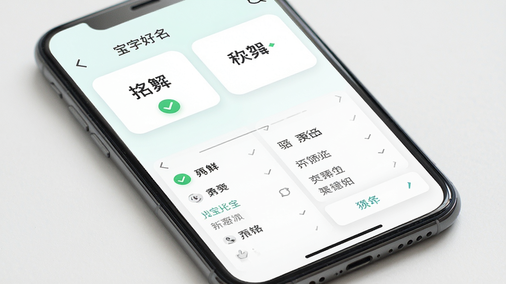 宝宝好名通移动端操作界面,主体为手机屏幕展示名字对比功能,布局为上下结构上方为两个名字卡片下方为对比详情,排版简洁明了,风格为清新浅色,细节包括绿色对勾图标与灰色分割线,画质高清干净无多余元素