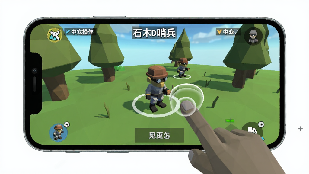 石木哨兵(MOD菜单)中文版移动端操作示意图,手机屏幕显示游戏画面,手指正在点击部署哨兵单位,画面清晰,低多边形风格,干净无多余元素