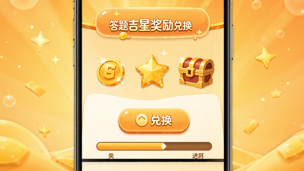 一张展示答题吉星奖励兑换界面的图片,画面中手机屏幕显示金币、星星、宝箱等奖励元素,以及兑换按钮和进度条,背景是温暖的金色和橙色,风格活泼,画质清晰,干净,无多余元素