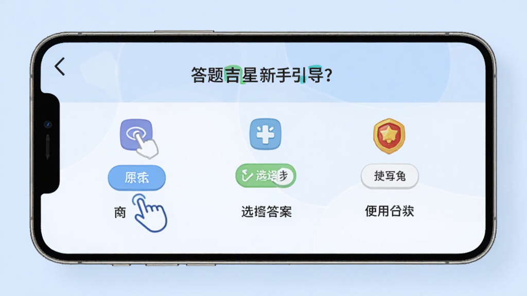 一张展示答题吉星新手引导界面的图片,画面中手机屏幕显示分步操作提示,包括点击按钮、选择答案、使用道具等图标,背景是柔和的浅蓝色,风格简洁,画质清晰,干净,无多余元素