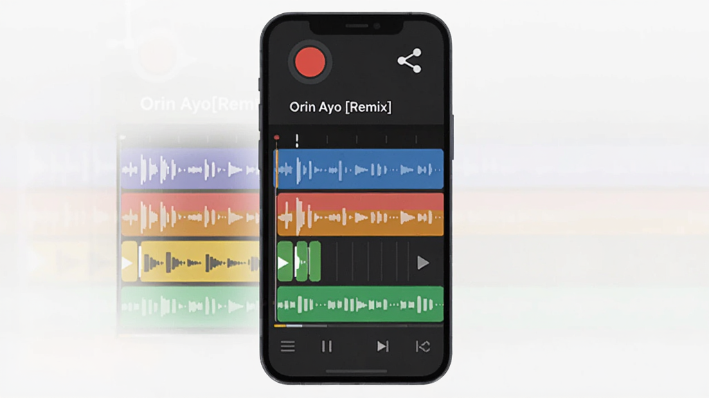 �ֻ���Ļ��ʾ��Orin Ayo[Remix]���������棬�����ɫ���������ڲ��ţ���Ļ�Ϸ���¼�ư�ť�ͷ���ͼ�꣬��������ɫ���棬��ƽUI��񣬸ɾ����࣬���廭��