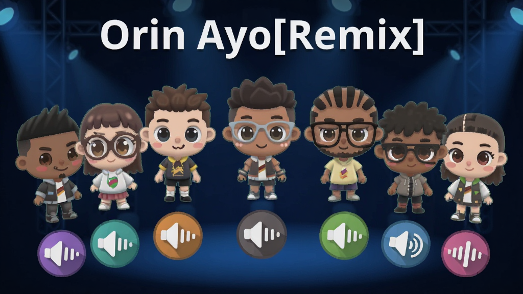 һ����Ϊ��Orin Ayo[Remix]�������ֽ���ģ�������棬�����������߸�������Ŀ�ͨ��ɫ���г�Բ���Σ�ÿ����ɫ�·��в�ɫ����ͼ�꣬����������ɫ������̨�ƹ⣬�����С�Orin Ayo[Remix]��������������Ϊ��ƽ��ͨ�廭���ɾ����࣬�޶���Ԫ�أ����廭��