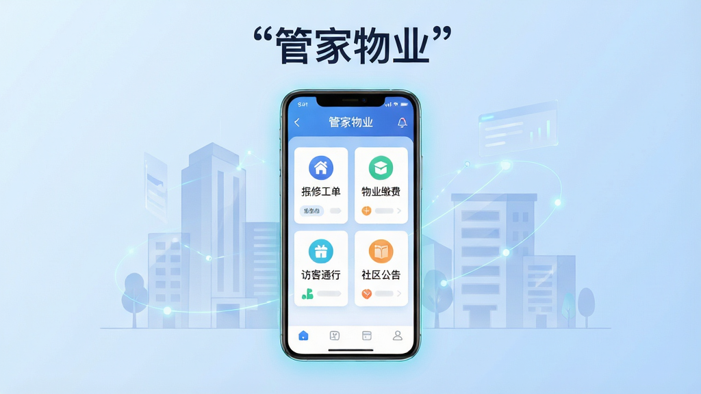 一幅展示“管家物业”软件核心全貌的AI生图。画面主体为一部竖屏智能手机,屏幕中显示“管家物业”APP主界面,界面内包含报修工单、物业缴费、访客通行、社区公告四个功能卡片。布局采用居中构图,手机悬浮在画面中央,周围环绕着半透明的建筑轮廓与数据连接线条。排版简洁,上方留白处用引号标注“管家物业”文字。风格为现代科技感扁平插画,细节上手机边缘有微光,卡片图标清晰,背景为浅蓝渐变。画质高清,干净无多余元素,适合作为软件下载站头图。