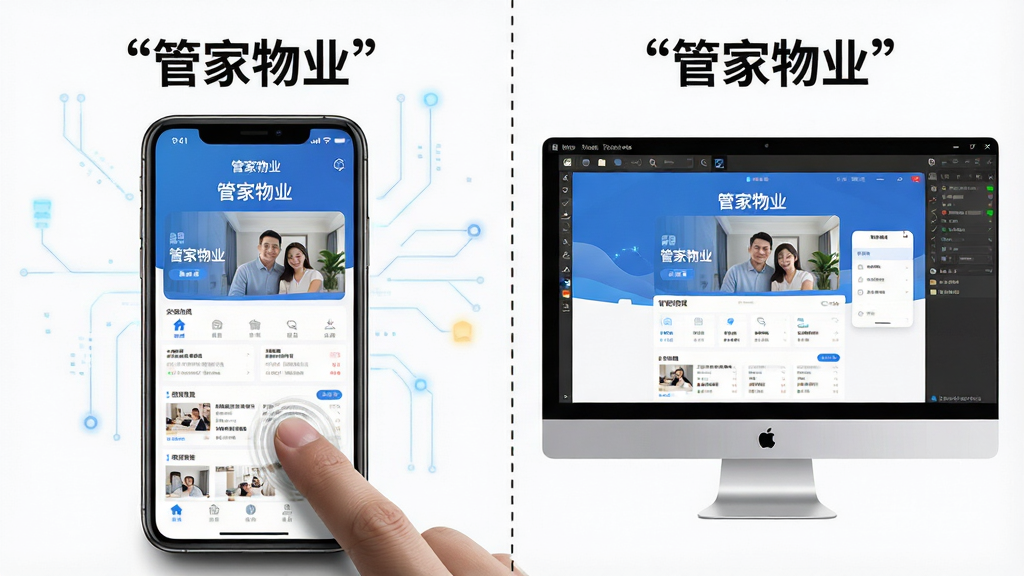 一幅展示“管家物业”移动端与电脑端操作场景的AI生图。画面主体分为左右两部分,左侧为竖屏手机显示“管家物业”APP首页,右侧为电脑屏幕通过模拟器运行同一应用。布局对称,中间用虚线分隔。排版上手机和电脑屏幕内容清晰,顶部用引号标注“管家物业”文字。风格为科技对比风,细节上手机边缘有手指触控痕迹,电脑屏幕有模拟器窗口边框。画质高清,干净无多余元素。