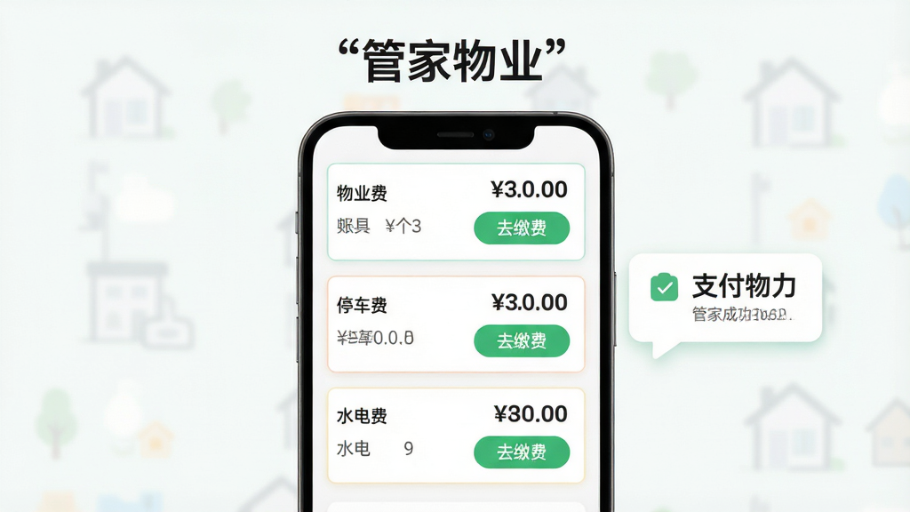 一幅展示“管家物业”在线缴费功能的AI生图。画面主体为手机屏幕,显示缴费页面,包含“物业费”“停车费”“水电费”三个账单卡片,每个卡片右侧有金额和“去缴费”按钮。布局采用上下排列,手机右侧漂浮一个支付成功的气泡提示。排版简洁,顶部用引号标注“管家物业”文字。风格为清新扁平化设计,细节上账单卡片有浅色边框,支付按钮为绿色。画质高清,干净无多余元素。