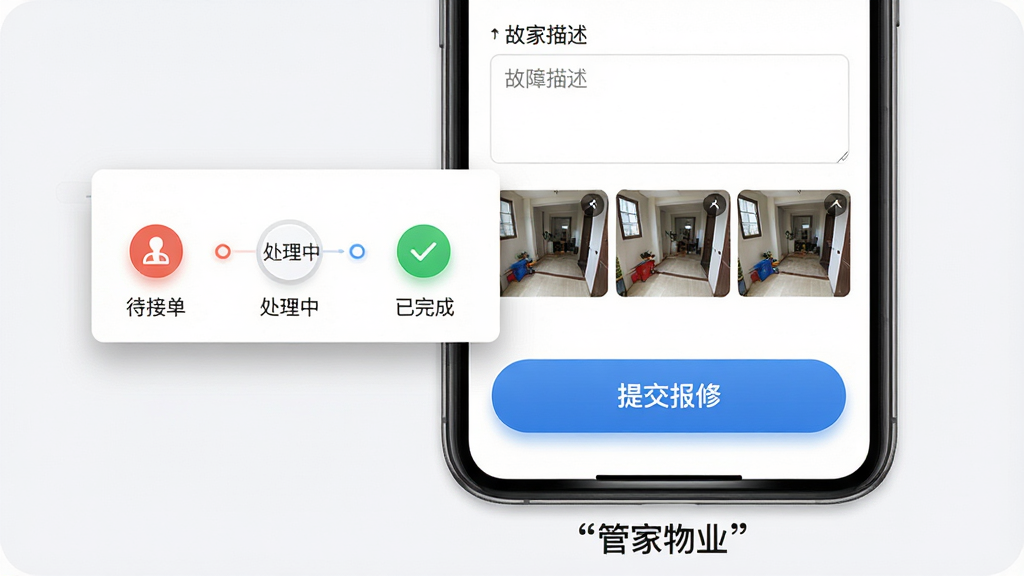 一幅展示“管家物业”工单报修功能的AI生图。画面主体为手机屏幕特写,屏幕中显示报修填写页面,包含故障描述输入框、三张已上传的现场照片缩略图、一个醒目的“提交报修”按钮。布局为手机居中,左侧漂浮一个维修工单状态卡片,显示“待接单”“处理中”“已完成”三个进度节点。排版清晰,手机下方用引号标注“管家物业”文字。风格为写实UI展示风,细节上照片缩略图有轻微阴影,按钮有按压感。画质高清,干净无多余元素。