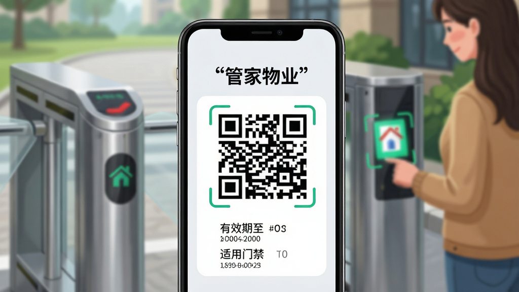 一幅展示“管家物业”访客通行功能的AI生图。画面主体为手机屏幕,显示一张带有二维码的电子通行证,下方有“有效期至”“适用门禁”等小字信息。布局为手机居中,背景是小区门禁闸机与一位访客正在扫码的虚化场景。排版上二维码位于屏幕中央,顶部用引号标注“管家物业”文字。风格为现代生活场景插画,细节上二维码清晰可辨,闸机有金属质感。画质高清,干净无多余元素。