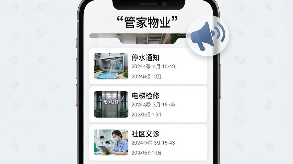 一幅展示“管家物业”社区公告功能的AI生图。画面主体为手机屏幕,显示公告列表页面,包含“停水通知”“电梯检修”“社区义诊”三条公告,每条有标题、时间和缩略图。布局为垂直列表,手机上方漂浮一个喇叭图标表示推送。排版整齐,屏幕顶部用引号标注“管家物业”文字。风格为简约资讯风,细节上公告卡片有分隔线,缩略图清晰。画质高清,干净无多余元素。