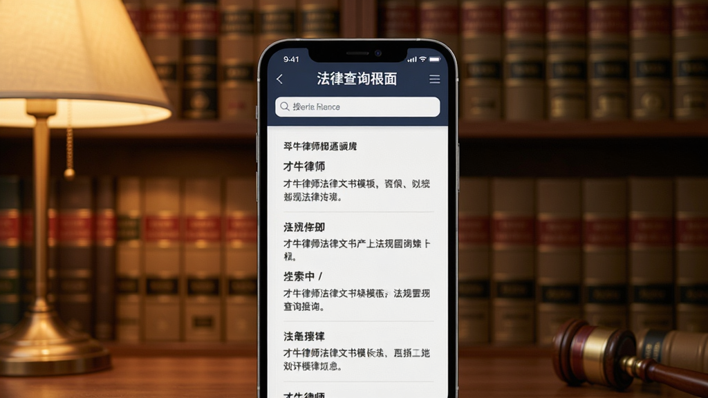 才牛律师法律文书模板与法规查询界面,手机屏幕展示文书列表与搜索框,背景为书架与法律典籍,暖色调灯光,画面中央突出手机,风格专业稳重,细节清晰,排版整齐,画质干净,无多余元素
