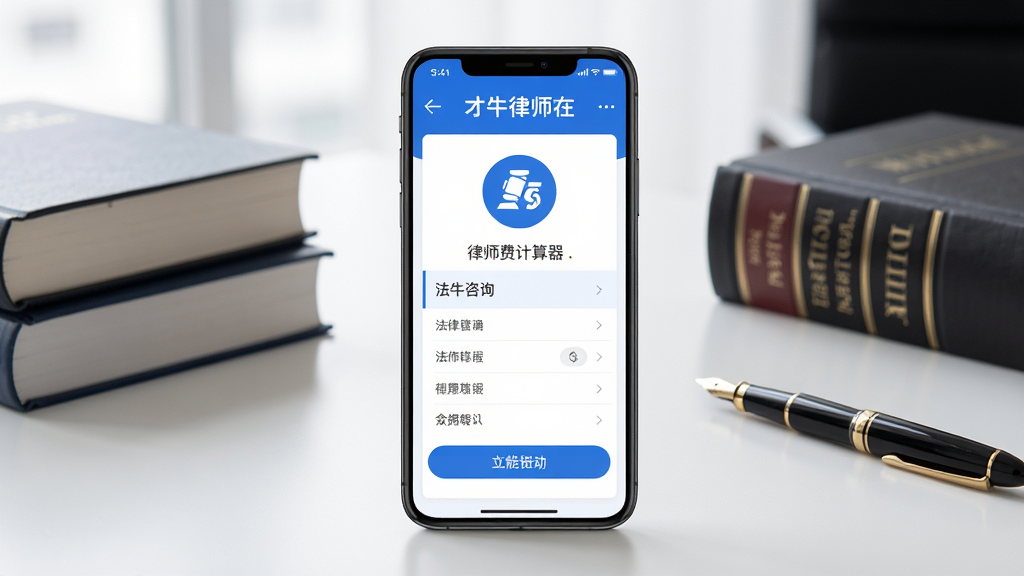 才牛律师安卓版应用主界面展示,画面中央是一部智能手机,手机屏幕上显示法律咨询与律师费计算器功能界面,蓝色与白色为主色调,背景为整洁的办公桌面,桌面上放有法律书籍与钢笔,整体风格商务简约,细节清晰,排版居中,画质干净,无多余元素