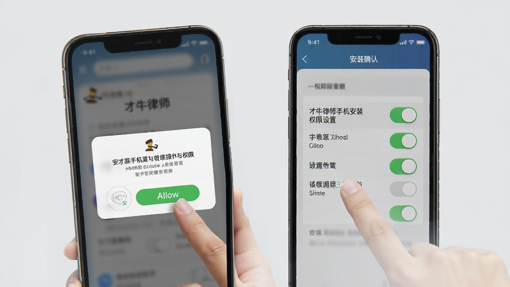 才牛律师手机端安装与权限设置操作示意图,画面展示手机屏幕上的安装确认弹窗与权限开关界面,手指正在点击允许按钮,背景为浅灰色,风格简洁直观,细节清晰,排版干净,画质明亮,无多余元素