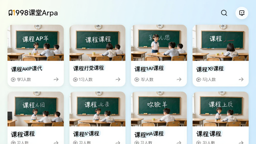 主体为1998课堂APP的课程分类页面,布局采用网格排列展示多个课程卡片,排版整齐清晰,风格为明亮清新的UI设计风,细节上每个卡片包含课程封面、标题与学习人数,背景为浅色渐变,画质高清,干净,无多余元素
