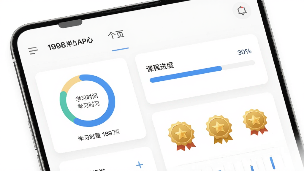主体为1998课堂APP的个人学习中心页面,布局采用卡片式数据展示,排版错落有致,风格为简约数据可视化风,细节上包含学习时长环形图、课程进度条与成就徽章,背景为白色,画质高清,干净,无多余元素