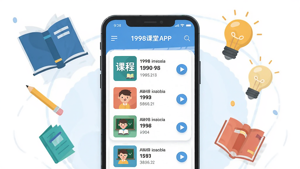 主体为一部智能手机屏幕,屏幕上显示1998课堂APP的课程列表界面,布局采用居中构图,手机两侧环绕悬浮的书本、铅笔、灯泡等学习元素,排版简洁有序,风格为现代扁平化插画风,细节上屏幕内可见课程封面缩略图与播放按钮,画质高清,干净,无多余元素
