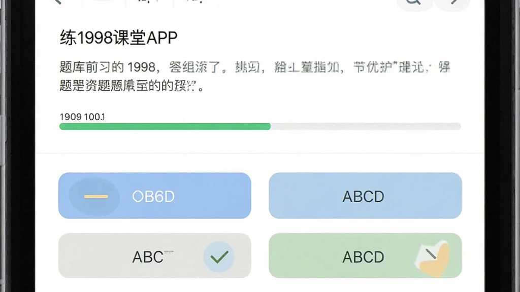 主体为1998课堂APP的题库练习界面,布局采用上下结构,上方为题目区域下方为选项按钮,排版简洁明了,风格为清爽学习工具风,细节上题目区域有题干文字与答题进度条,选项按钮有ABCD标识,画质高清,干净,无多余元素