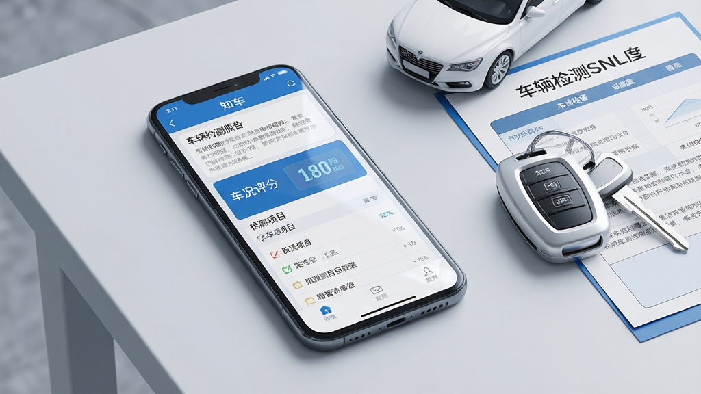 一张展示知车软件核心功能的场景图,画面主体是一部智能手机,手机屏幕显示知车软件的主界面,界面中有车辆检测报告、车况评分、检测项目列表等元素,手机旁边摆放着一辆白色轿车的车钥匙和一份车辆检测单据,背景是简洁的浅灰色桌面,布局采用中心构图,手机位于画面正中略偏左,右侧放置车钥匙与检测单据形成视觉平衡,风格为现代科技感写实风,细节上手机屏幕有轻微反光,界面文字清晰可辨,桌面干净无杂物,整体色调以蓝白灰为主,画质高清,干净利落,无多余元素