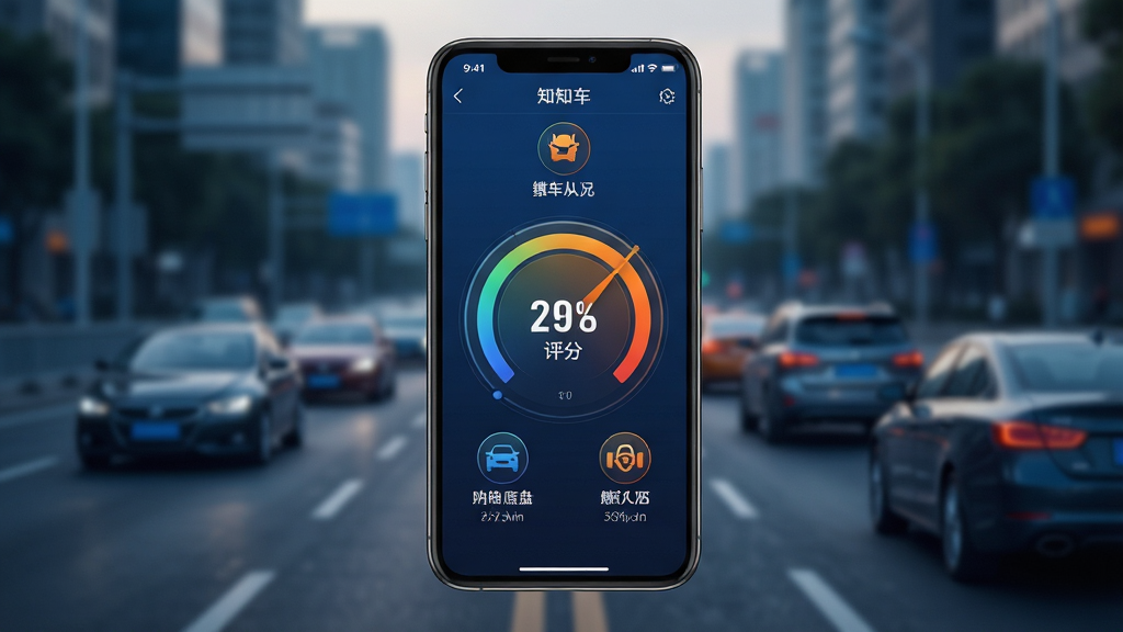 一张展示知车软件车况评估功能的AI生图,画面主体是一部手机,手机屏幕显示知车软件的车况评估页面,页面上有一个醒目的圆形评分仪表盘,周围环绕着外观、内饰、动力、底盘等评估维度的图标和分数,手机悬浮在画面中央,背景是虚化的城市道路和车辆轮廓,布局采用中心对称构图,风格为科技感数据可视化风,细节上评分仪表盘有渐变色彩,图标精致,背景虚化自然,整体色调以深蓝和亮橙为主,画质高清,干净大气,无多余元素