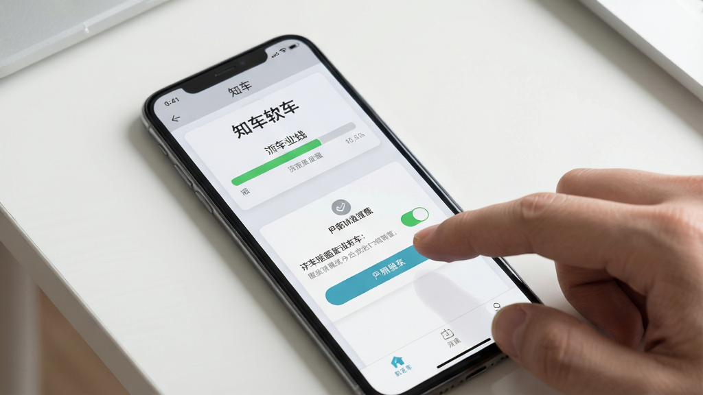一张展示知车软件在手机上安装和使用的操作示意图,画面主体是一部手机,手机屏幕显示知车软件的安装进度条和权限设置界面,手机旁边有一只手正在点击屏幕,背景是简约的浅色桌面,布局采用特写构图,手机占据画面主要位置,风格为写实教学风,细节上手机屏幕有清晰的安装提示文字和权限开关按钮,手指动作自然,桌面干净,整体色调以白灰为主,画质高清,干净明了,无多余元素