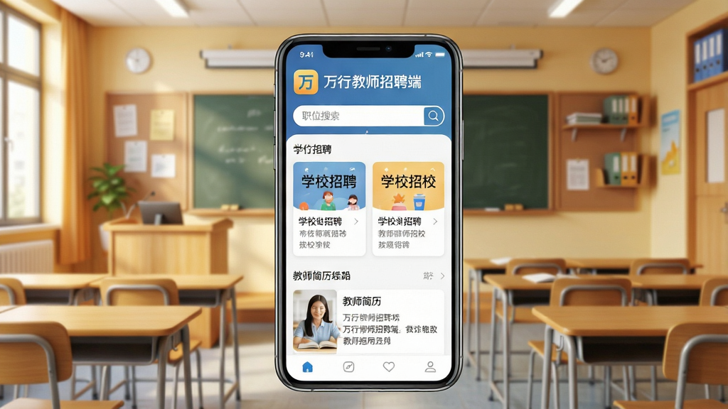 一幅展示万行教师招聘端应用主界面的场景图,画面中央是一部智能手机,屏幕上清晰显示“万行教师招聘端”应用图标和界面布局,界面包含职位搜索栏、学校招聘卡片、教师简历模块等元素;背景为现代教室场景,有黑板、讲台和整齐的课桌椅,色调明亮温暖;整体风格写实商务,细节丰富,画质清晰干净,无多余元素,适合作为软件宣传预览图