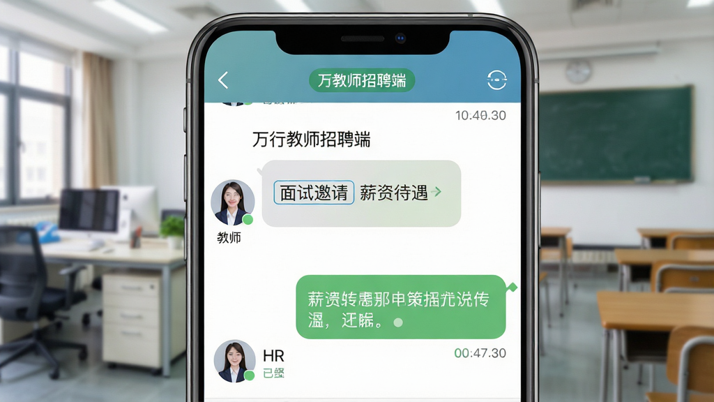 一幅展示万行教师招聘端即时沟通界面的AI生图,画面为手机聊天窗口特写,聊天双方头像分别为教师和学校HR,对话气泡中包含“万行教师招聘端”字样、面试邀请、薪资待遇等文字内容;背景为模糊的办公室和教室场景叠加;布局采用前后景层次感,风格现代简洁,色调柔和;细节上突出消息气泡、时间戳和已读状态;画质清晰干净,无多余元素