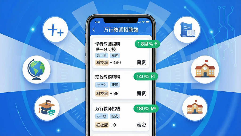 一幅展示万行教师招聘端智能匹配功能的AI生图,画面主体为一部手机屏幕,屏幕上呈现“万行教师招聘端”的职位推荐列表,每条职位卡片旁有绿色匹配度百分比标签;手机周围环绕着代表不同学科和地区的图标元素,如数学符号、地球仪、学校建筑等;布局采用中心辐射式构图,风格科技感与教育感结合,色调以蓝白为主;细节上突出职位卡片中的学校名称、科目标签和薪资数字;画质清晰干净,无多余元素