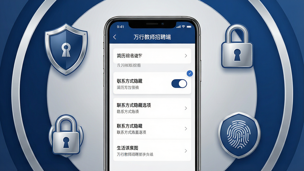 一幅展示万行教师招聘端隐私保护功能的AI生图,画面中央为一部手机,屏幕上显示“万行教师招聘端”的隐私设置页面,包含简历可见性开关、联系方式隐藏选项等;手机周围环绕着盾牌、锁、指纹识别等安全图标;布局采用环绕式构图,风格稳重安全,色调以深蓝和银色为主;细节上突出开关按钮和隐私选项文字;画质清晰干净,无多余元素