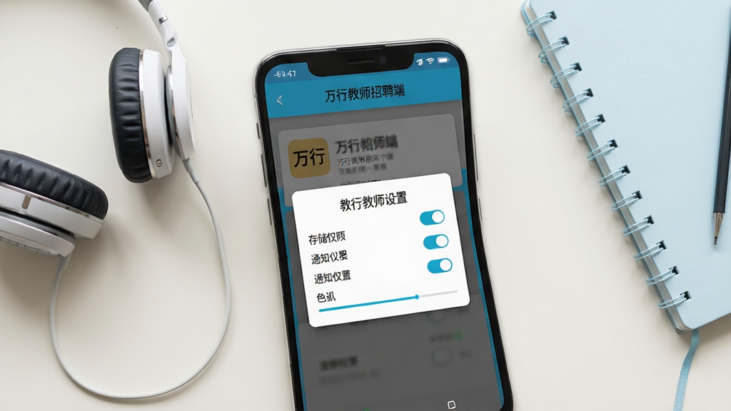 一幅展示万行教师招聘端在安卓手机上安装与权限设置的AI生图,画面为手机屏幕特写,屏幕上显示“万行教师招聘端”安装界面和权限授权弹窗,包含存储权限、通知权限等开关按钮;背景为简洁的浅色桌面,旁边放置一副耳机和一本笔记本;布局采用俯视角度,风格清新实用,色调以白色和浅蓝为主;细节上突出权限开关和安装进度条;画质清晰干净,无多余元素