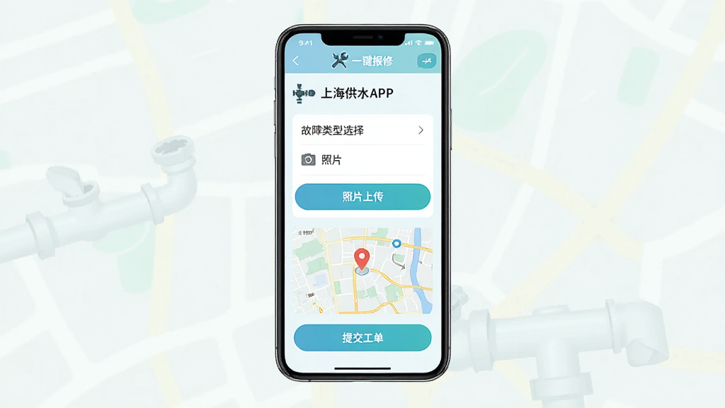 主体为手机界面展示上海供水APP报修页面,页面包含故障类型选择、照片上传按钮、定位地图和提交工单按钮,布局为手机居中,风格为清新浅色扁平化,细节包含水管扳手图标和“一键报修”文字,画质高清干净无多余元素