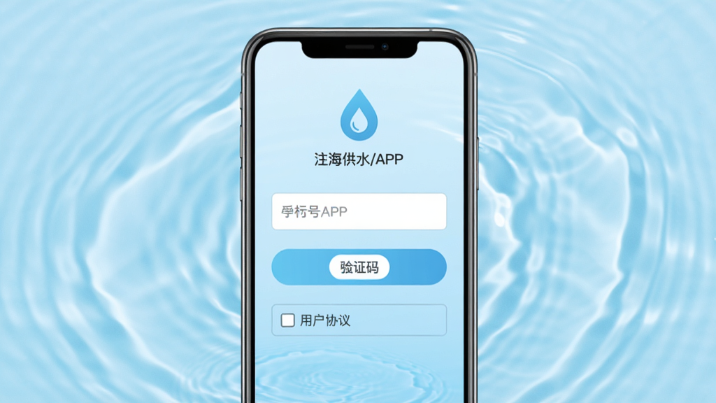 主体为手机屏幕展示上海供水APP登录注册页面,页面包含手机号输入框、验证码按钮和用户协议勾选框,布局为手机居中,背景为浅蓝色水波纹图案,风格为清爽素雅扁平化,细节包含水滴Logo和“注册/登录”文字,画质高清干净无多余元素
