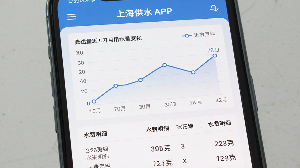 主体为手机屏幕特写,显示上海供水APP账单查询页面,页面中呈现折线图展示近六个月用水量变化,下方列出每月水费明细,布局为屏幕居中,风格为简约商务扁平化,细节包含清晰的数字和图表,画质高清干净无多余元素