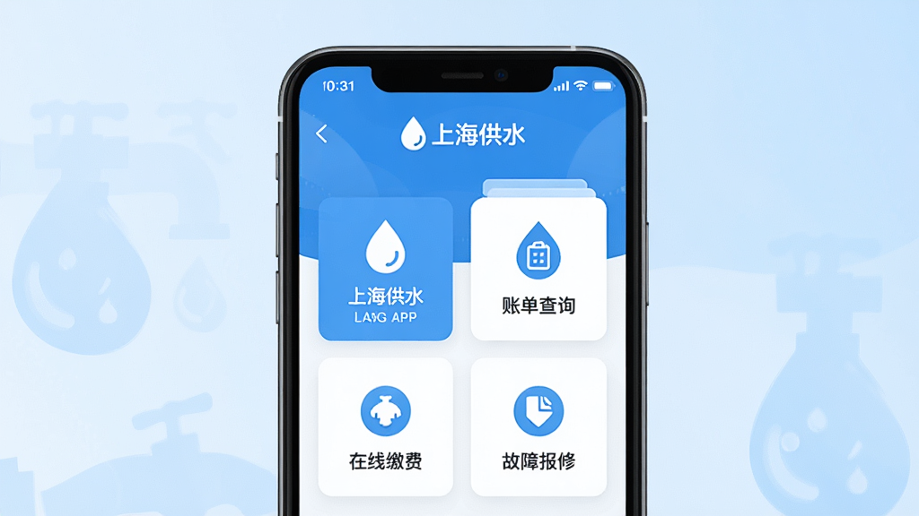 主体为一部智能手机,屏幕显示蓝白色调的上海供水APP主界面,界面中包含账单查询、在线缴费、故障报修等功能图标,布局为手机居中放置,背景为淡蓝色渐变,风格为现代科技感扁平化设计,细节包含清晰的水滴图标和界面文字“上海供水”,画质为高清干净无多余元素