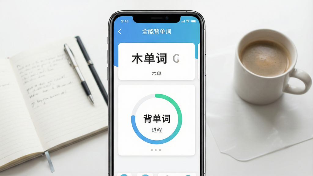 一张展示全能背单词软件主界面的手机应用截图,画面中央是手机屏幕,屏幕内显示单词卡片和进度环,背景为干净的书桌,摆放着笔记本和咖啡杯,风格清新简约,画质清晰,无多余元素,屏幕内文字包含「全能背单词」