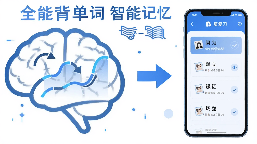 一幅信息图风格的插画,画面左侧是大脑轮廓与记忆曲线,右侧是手机屏幕显示单词复习列表,中间用箭头连接,风格科技感,色调蓝白,画质干净清晰,图中文字包含「全能背单词 智能记忆」