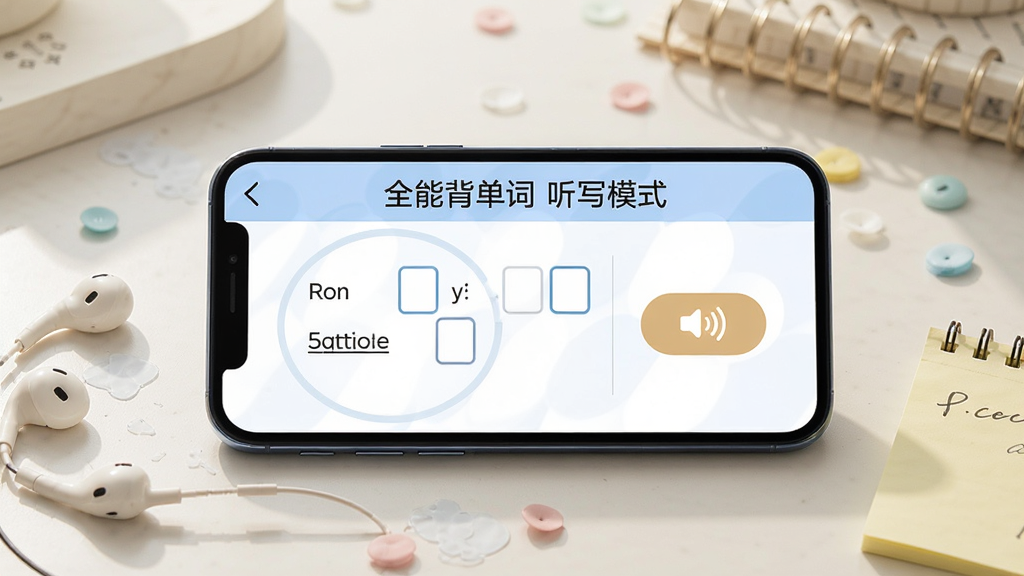 一张展示全能背单词听写模式手机界面的图片,画面中手机横屏显示,屏幕上有单词拼写填空和发音按钮,旁边有耳机和便签纸,风格生活化,光线柔和,画质清晰,屏幕内文字包含「全能背单词 听写模式」