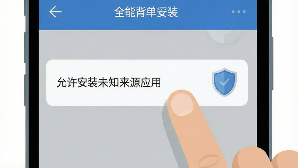 一张展示手机设置界面的示意图,画面中手指点击「允许安装未知来源应用」选项,旁边有盾牌图标表示安全提示,风格简洁扁平,色调以蓝灰为主,画质清晰,无多余元素,图中文字包含「全能背单词 安全安装」