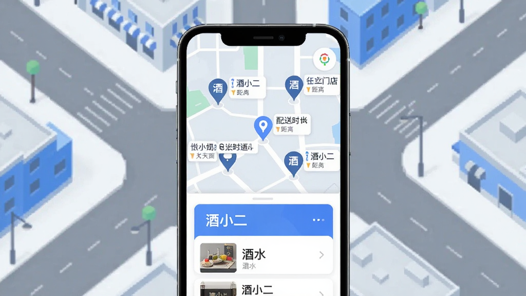 ��С��APP�����ŵ����ܶ�λ����չʾͼ��������һ���ֻ���Ļ��ʾ��ͼ���棬��ͼ���ж����ˮ�ŵ��ǵ㣬ÿ����ǵ��Ա�ע������ʱ���;��룻�ֻ��·����ŵ��б���Ƭ����Ƭ��д��