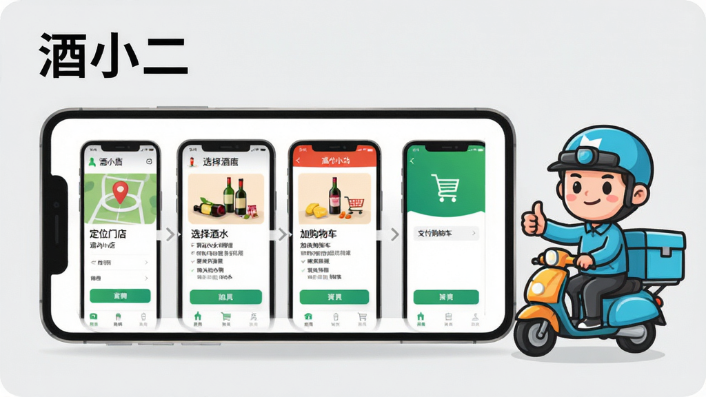 ��С��APP����ʹ��ָ��ʾ��ͼ��������һ���ֻ�չʾ��С��APP���µ����̲���ͼ������������Ϊ��λ�ŵꡢѡ���ˮ�����빺�ﳵ��֧���ɹ��ĸ���������ͼ���ֻ��Ա���һ����ͨ������������Ĵָ������Ϊǳ��ɫ�����Ϊ������Ϣͼ��ƣ����ֱ�ע