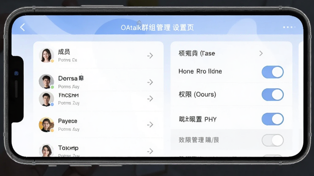 OAtalk群组管理设置页面截图风格图,手机屏幕展示群成员列表和权限开关选项,界面元素排列整齐,以卡片式布局呈现,色调柔和,突出管理功能的便捷性
